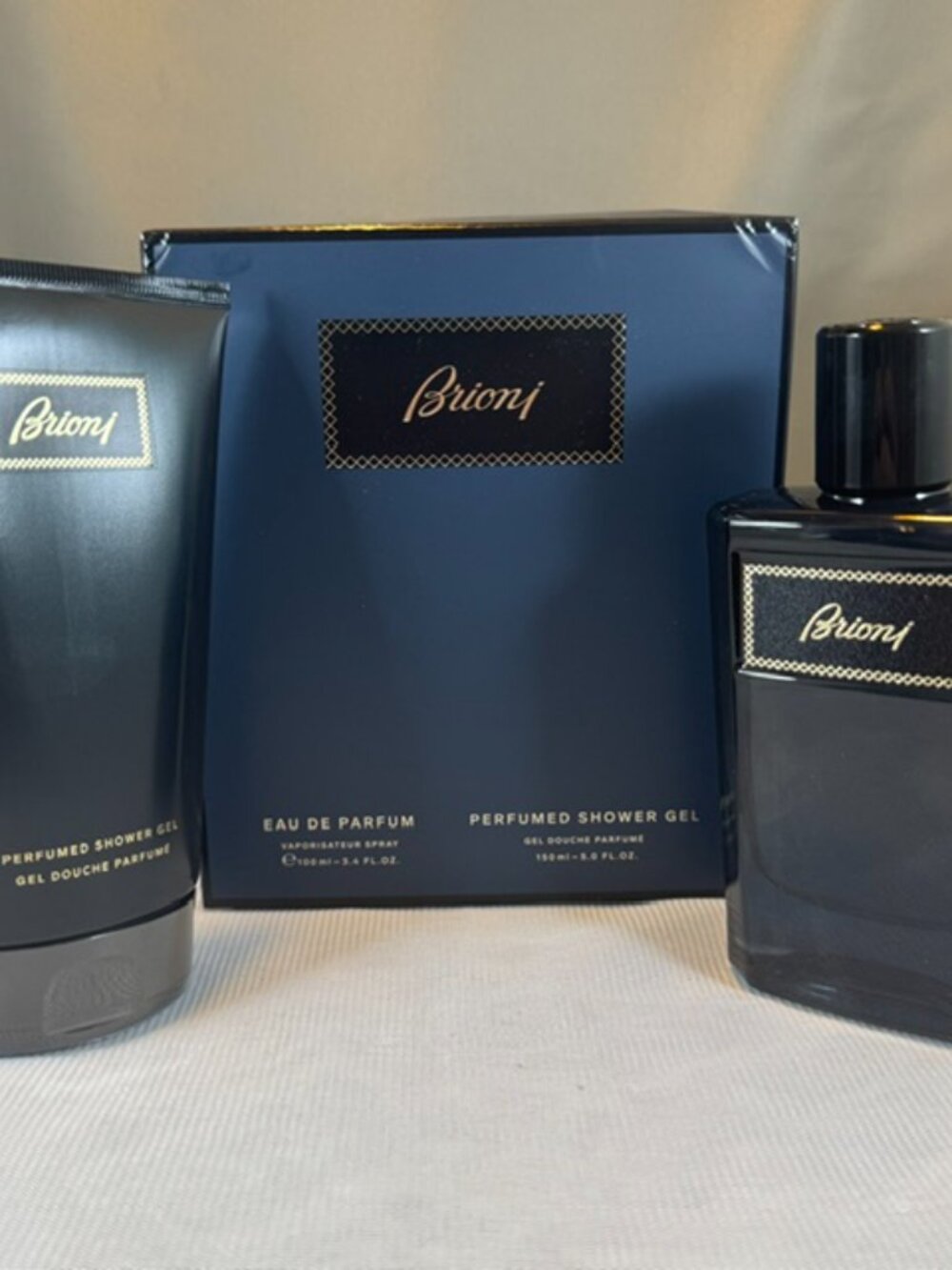Brioni EDP Gift Set with 5oz Shower Gel and 3.4oz Spray New Opened Box $135